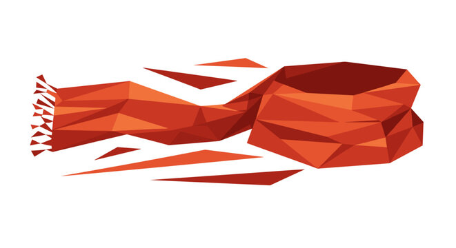 Geometric red scarf flying dynamically in the wind with abstract angular shapes on a white background