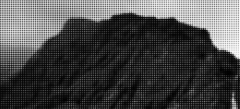Black halftone mountain range silhouette. Grunge texture landscape terrain. Fading grainy hill chain wallpaper. Vanishing dotted noise mountain peak background. eps 10