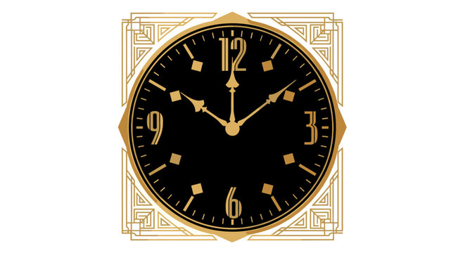 Elegant art deco clock with gold detailing showing midnight against a black circular face, set within an ornate geometric frame on a white background