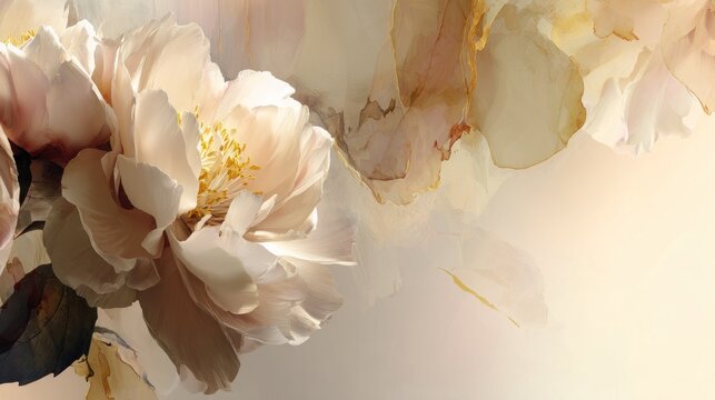 Softly illuminated petals of a large flower dominate the left side of a light abstract background