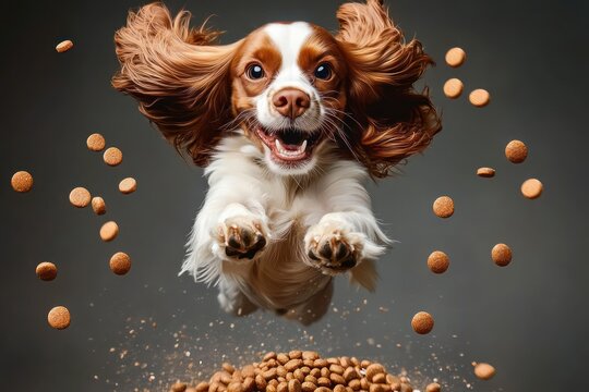joyful brown and white spaniel leaping midair toward camera with ears flying, paws extended and dry dog kibble scattering around over a gray background