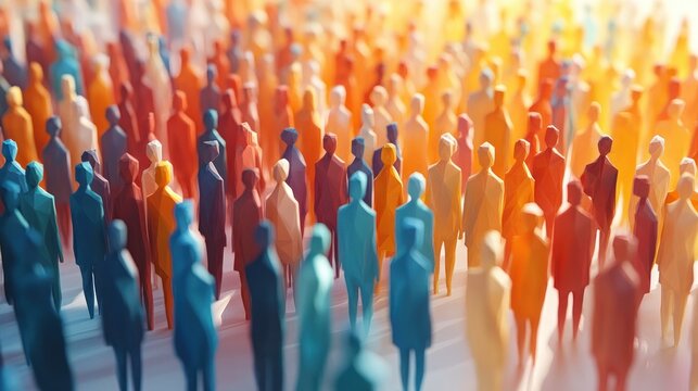 vibrant crowd of colorful faceted stylized human figures in blue, orange and yellow tones on a sunlit, blurred surface, evoking unity, movement, energy and a sense of community