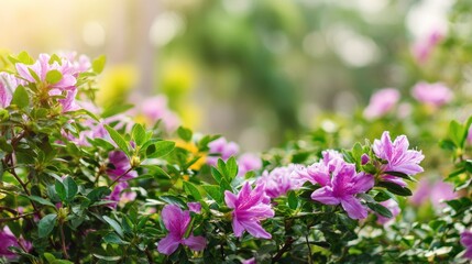 Naklejka premium Bright sunlight illuminates vibrant purple blossoms amidst lush green foliage outdoors