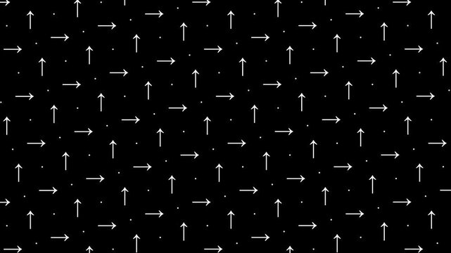 Animated Seamless Pattern Of White Arrows And Dots With Vortex Animation On A Black Background, Seamless Loop, 4K Horizontal Video
