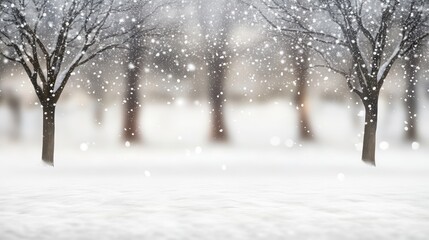 Fototapeta premium Snowy park trees, winter snowfall, serene background, ideal for winter holiday cards