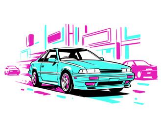 Retro synthwave car illustration. Japanese drift car in neon city. 80s 90s aesthetic automotive art. Teal and magenta pop art vector style. © DandiPdn