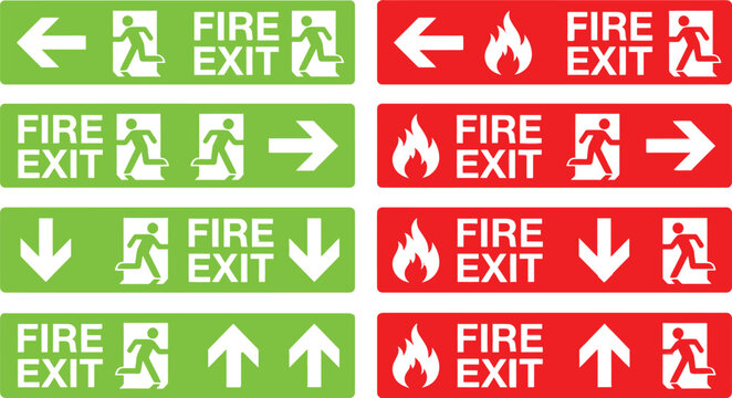 A collection of fire exit signs in green and red, featuring a running person pictogram and directional arrows pointing left, right, down, and up, some with a flame icon.