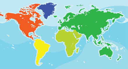 A colorful world map with continents in orange, blue, green, and yellow © Maliki