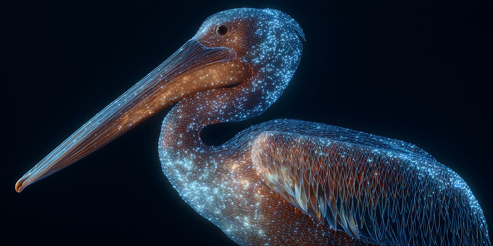 Close-up of a pelican shaped by blue shimmering particles