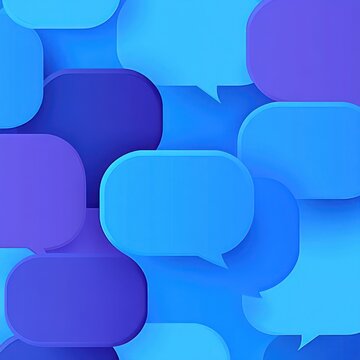 Layered blue and purple speech bubbles with soft shadows and gradients overlapping in an abstract pattern conveying energetic digital conversation and connectivity