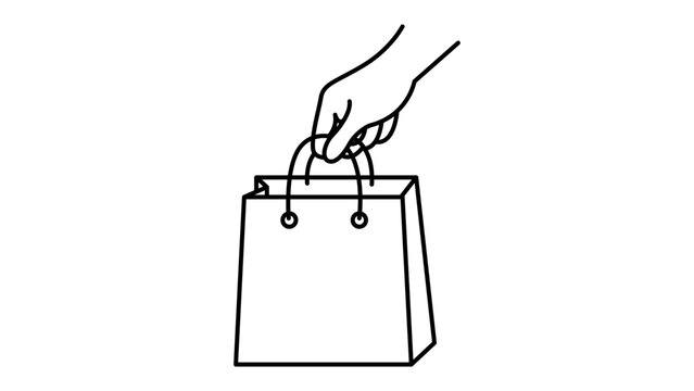 Minimalist black line vector icon illustration of a hand holding a shopping bag with editable stroke. Clean outline design for retail, e-commerce, and click and collect services on white background.