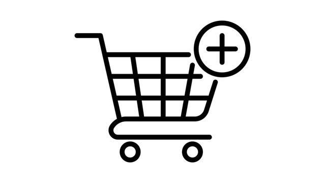 Add to Cart Minimalist Black Line Vector Icon on White Background. This scalable illustration features a shopping cart with a plus sign and an editable stroke for customizable line weight.