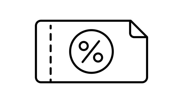 Discount Coupon and Voucher Vector Icon Illustration with Percentage Symbol, Minimalist Black Line Art on White Background, Editable Stroke for Customizable Line Weight and Design Flexibility.