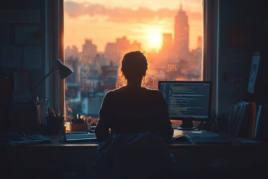 silhouette of a person coding at a desk by a window overlooking a city sunset, warm glowing light and a focused reflective mood