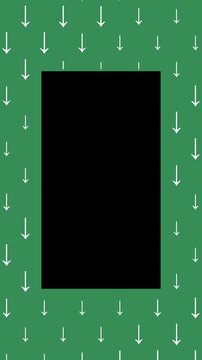 Animated Seamless Pattern Of White Down Arrows Scrolling Down On A Green Background With Transparent Text Area In Center, Seamless Loop, Codec ProRes 4444 with alpha channel, 9:16 Vertical Video