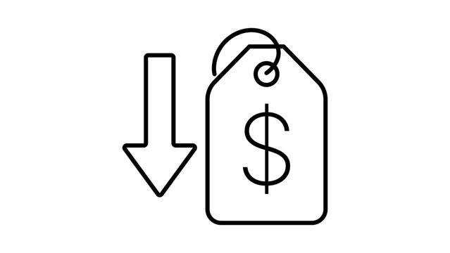 Price Drop and Discount Editable Stroke Vector Icon. Minimalist black line illustration on white background featuring a price tag with a dollar sign and downward arrow for sale or reduction.