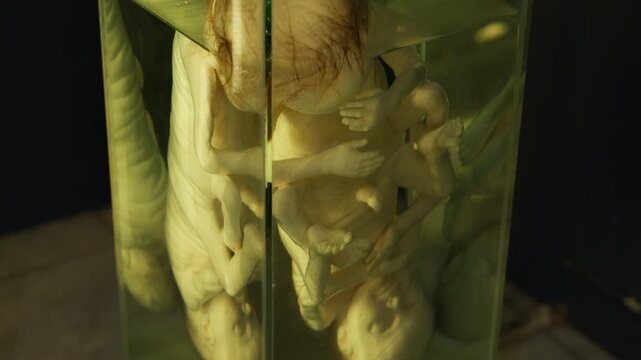 Exhibition of anatomical exhibits. A human infant with the pathological development of anencephaly