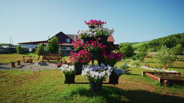 Vibrant flower arrangements in black pots stand on grassy field. Pink, white, and purple blossoms bloom under clear blue sky. Background shows wooden benches, small house, and green hills