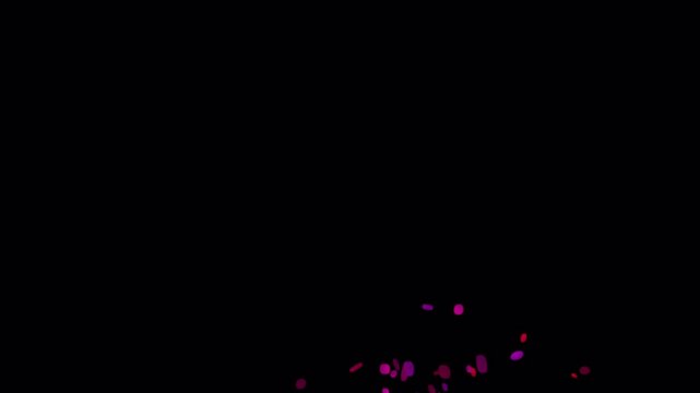 Vibrant purple and pink confetti explodes against a deep black background