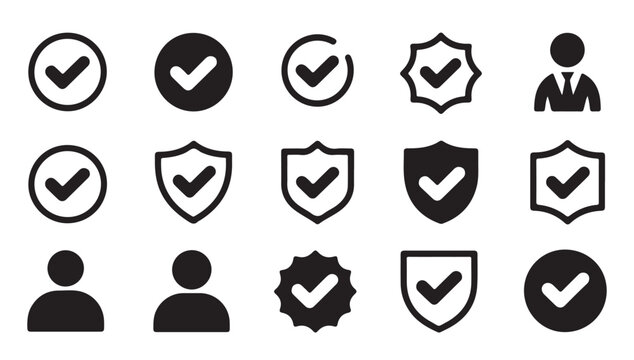 Verified check mark shield user and circle icons black and white colors.
