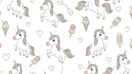 Fototapeta premium Charming seamless pattern of white unicorns, colorful ice cream cones, popsicles, and small hearts on a white background.