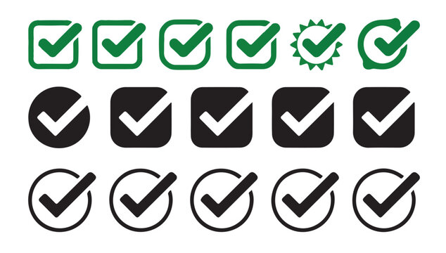 Set of various check mark icons in green and black colors showing simple verification design.