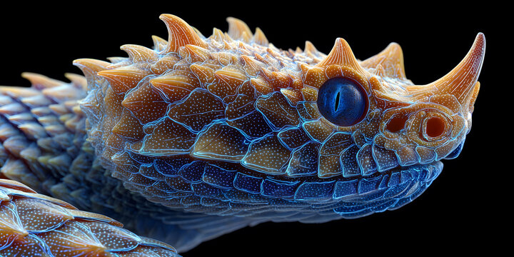 Close-up of a horned viper composed of blue shimmering particles