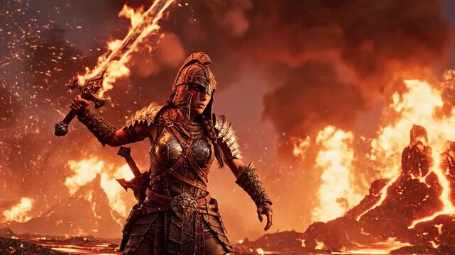 Warrior Woman In Fiery Lava Landscape