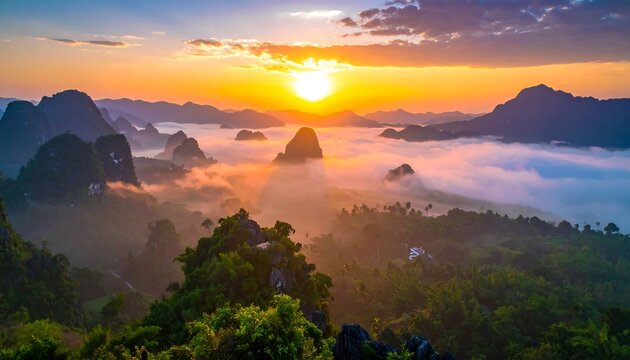 Misty mountain range landscape during a bright, sunlit dawn