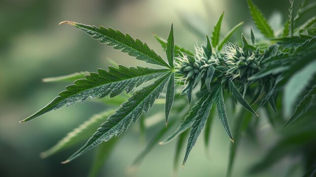 Close-up of green cannabis plant with serrated leaves, resinous buds and fine trichomes against a soft blurred background, evoking a calm serene mood