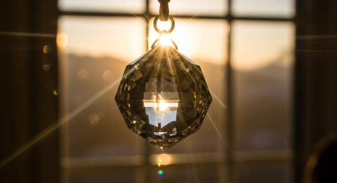 Crystal suncatcher refracting sunlight with lens flare effect.