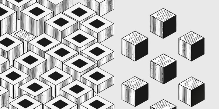 Isometric cube arrangement black and white 3d illustration