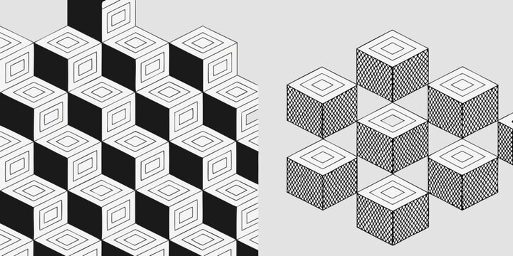Isometric cube pattern black and white geometric illustration