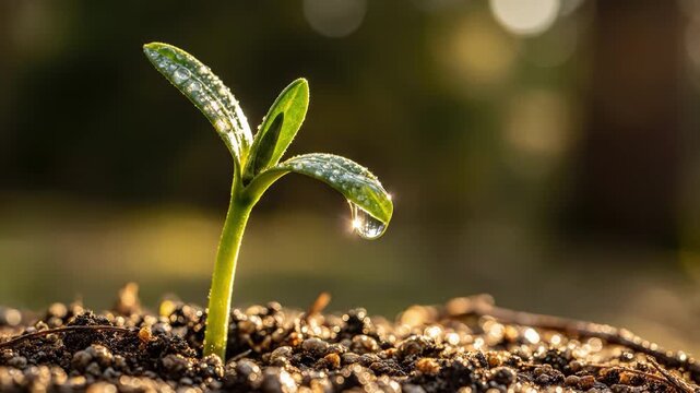 Young seedling growing in soil with dew on its leaves