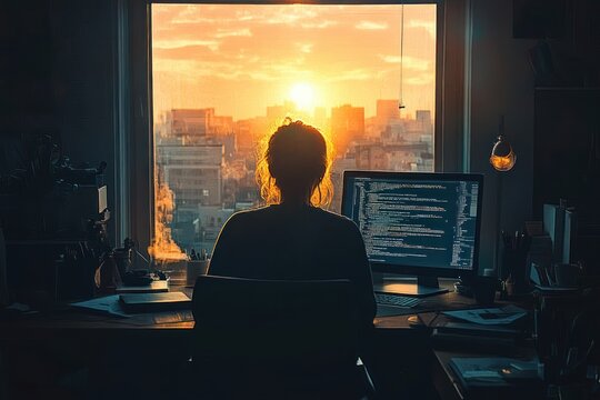 silhouette of a person coding at a desk with steaming mug and hanging bulb, backlit by golden sunrise over a city skyline, contemplative and focused mood