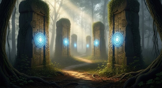 Ancient forest ruins reveal mysterious portals.