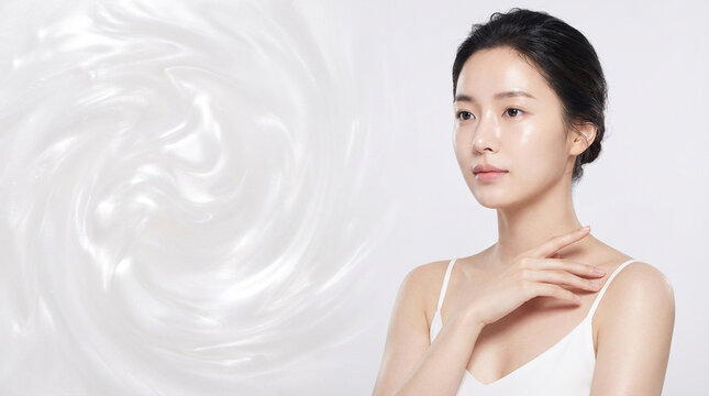 乳白色の保湿背景と鎖骨に手を重ねる若い女性のデコルテケア