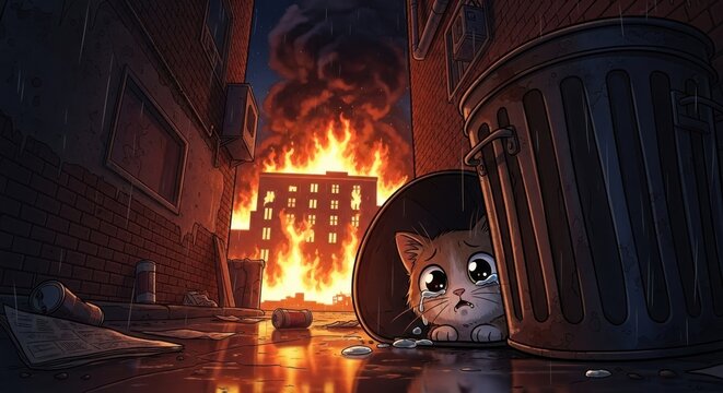 A crying cat hiding in a garbage can witnesses a city fire.