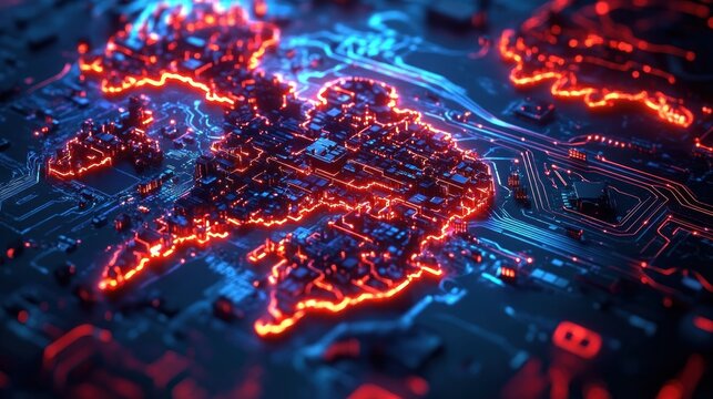 Futuristic glowing world map rendered on a circuit board with red illuminated continents and blue electronic traces, energetic high-tech atmosphere