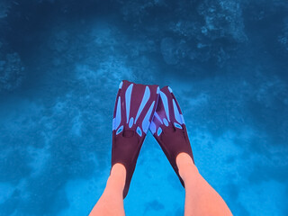 POV shot of a person's legs in blue and black fins underwater, diving in the deep blue Red Sea © Dmitri