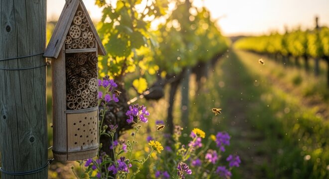 A bee house sits near a vineyard row as bees fly by.