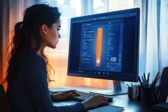 focused woman typing code on a glowing desktop monitor in a warm evening home office with keyboard, pens and organized desk