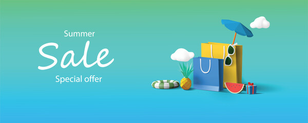 Summer sale banner with 3d shopping bags vector illustration  © Sai
