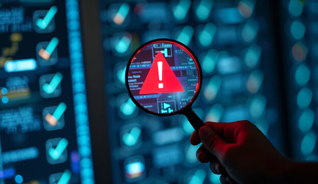 Engineer holding magnifying glasses identifies a problem in a computer network system. A red triangle with an exclamation mark.