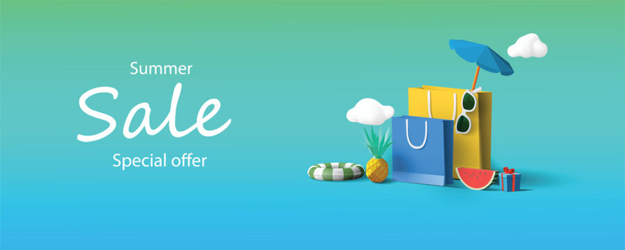 Summer sale banner with 3d shopping bags vector illustration	