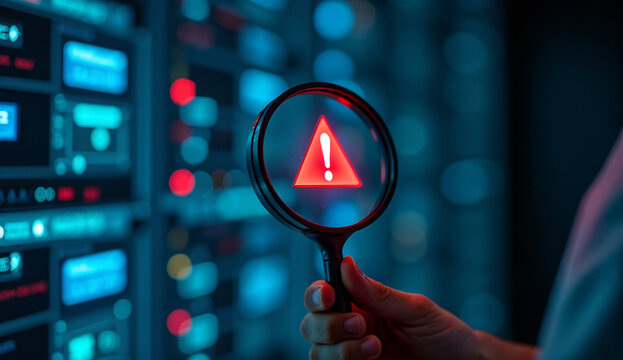Engineer holding magnifying glasses identifies a problem in a computer network system. A red triangle with an exclamation mark.