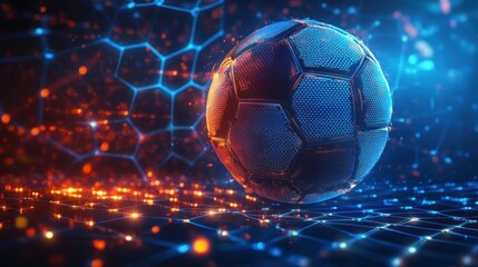 Naklejka premium Futuristic glowing soccer ball hovering above a neon hexagonal grid with blue and orange lights, sparks and reflective metallic texture conveying intense high-tech energy