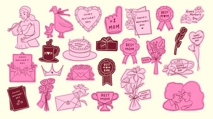 Fototapeta premium Mother Day Pink Doodle Elements Set with Mom Love Flowers Gifts Illustration