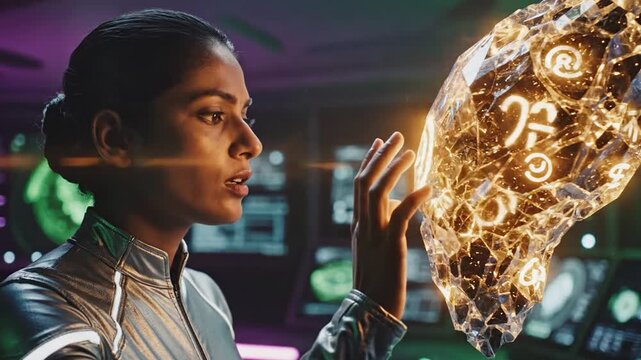 Scientist Studying a Glowing Alien Artifact