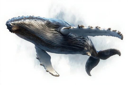 Majestic humpback whale with barnacle-encrusted flippers and ridged textured skin gliding through soft pale mist, graceful and serene